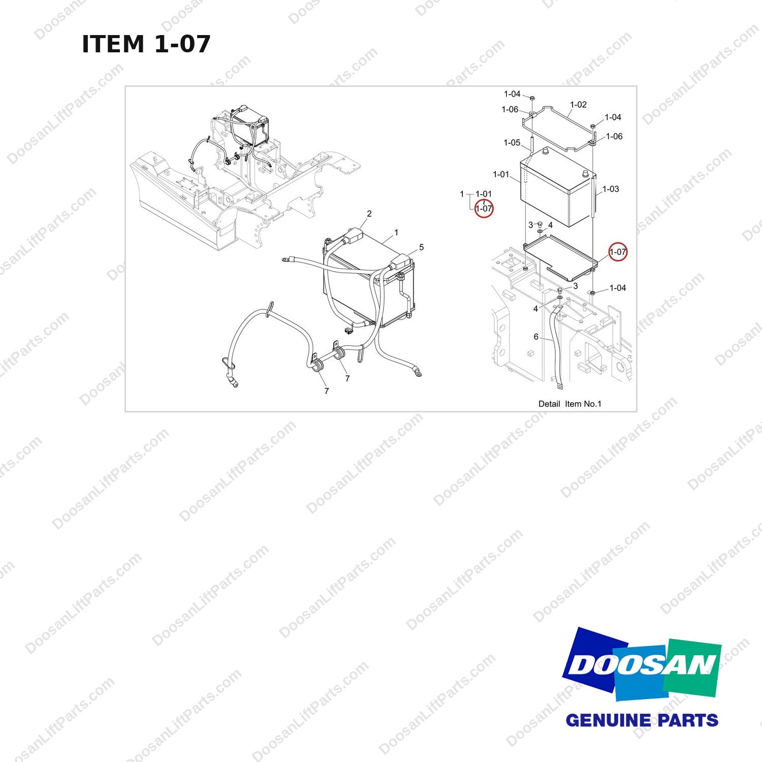 110961-00581 BATTERY GP_PFG MAPPING BATTERY GP;D25S-9 - full parts diagram, item 1-07 marked - genuine Doosan / Bobcat forklift part