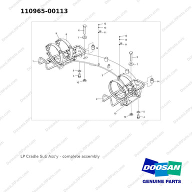 110965-00113 LP Cradle Sub Ass'y - full parts diagram - genuine Doosan / Bobcat forklift part