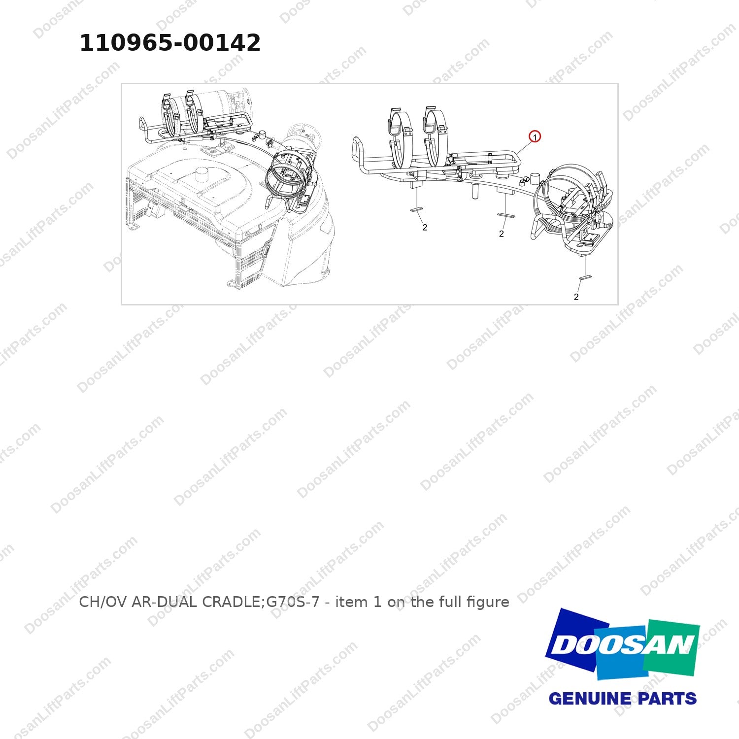 110965-00142 CH/OV AR-DUAL CRADLE;G70S-7 - full parts diagram, item 1 marked - genuine Doosan / Bobcat forklift part