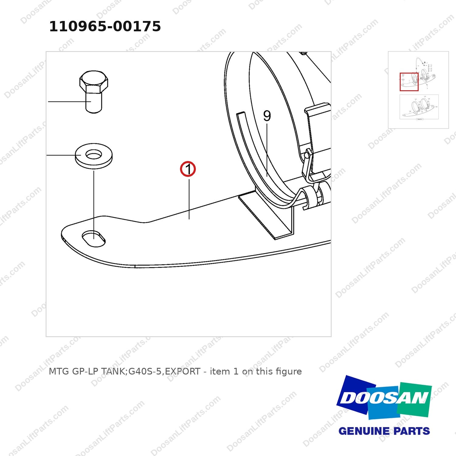 110965-00175 MTG GP-LP TANK;G40S-5,EXPORT - parts diagram, item 1 shown - genuine Doosan / Bobcat forklift part