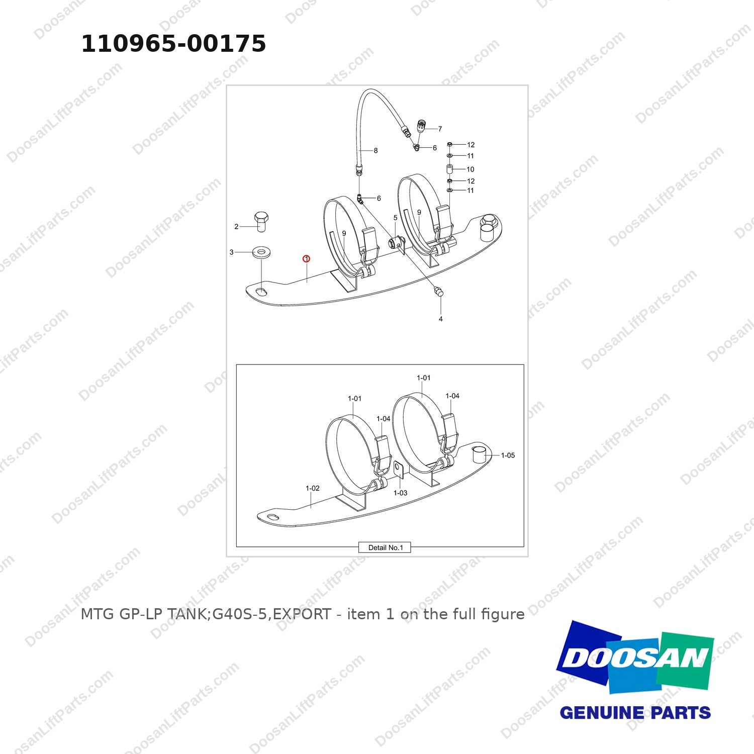 110965-00175 MTG GP-LP TANK;G40S-5,EXPORT - full parts diagram, item 1 marked - genuine Doosan / Bobcat forklift part