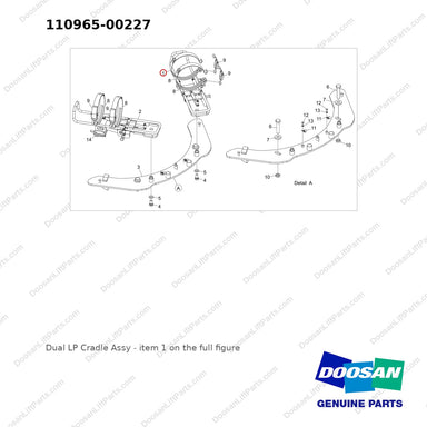 110965-00227 Dual LP Cradle Assy - full parts diagram, item 1 marked - genuine Doosan / Bobcat forklift part