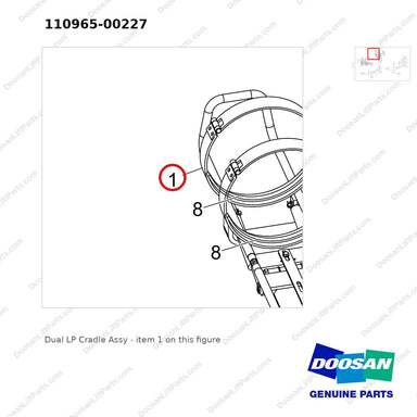 110965-00227 Dual LP Cradle Assy - parts diagram, item 1 shown - genuine Doosan / Bobcat forklift part