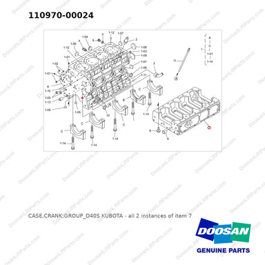 110970-00024 CASE,CRANK;GROUP_D40S KUBOTA - full parts diagram, item 7 marked - genuine Doosan / Bobcat forklift part