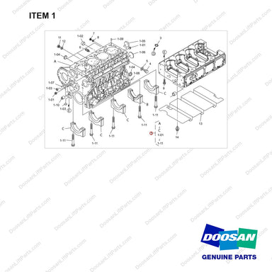 110970-00104 CRANKCASE GP - full parts diagram, item 1 marked - genuine Doosan / Bobcat forklift part