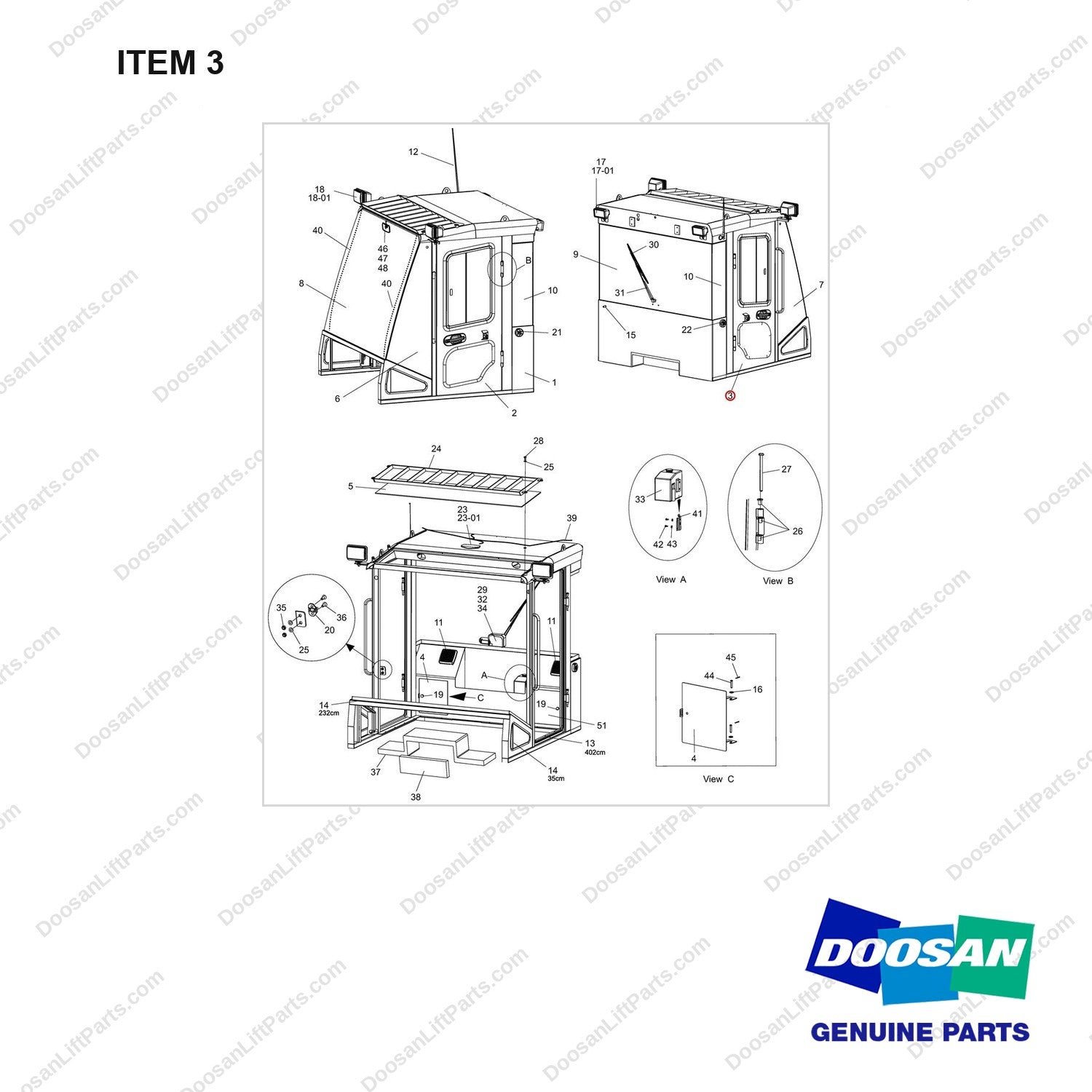 110982-00028 CABIN GROUP,MODULAR - full parts diagram, item 3 marked - genuine Doosan / Bobcat forklift part
