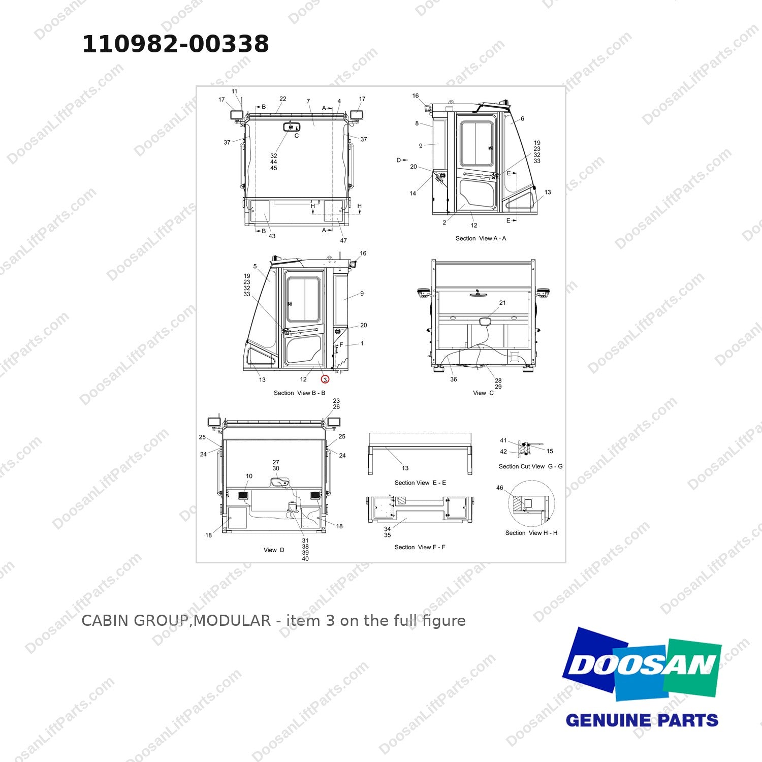 110982-00338 CABIN GROUP,MODULAR - full parts diagram, item 3 marked - genuine Doosan / Bobcat forklift part