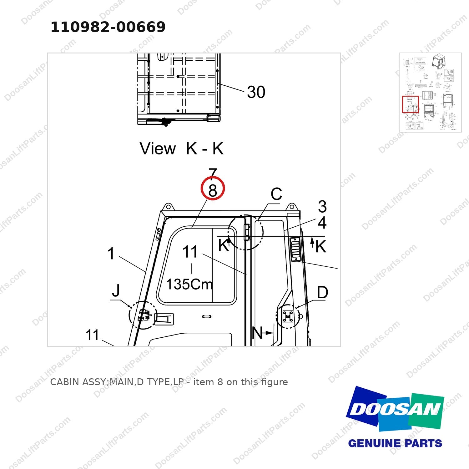 110982-00669 CABIN ASSY;MAIN,D TYPE,LP - parts diagram, item 8 shown - genuine Doosan / Bobcat forklift part