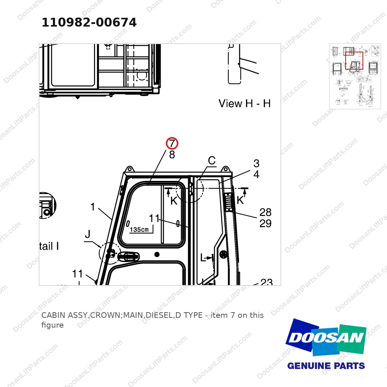 110982-00674 CABIN ASSY,CROWN;MAIN,DIESEL,D TYPE - parts diagram, item 7 shown - genuine Doosan / Bobcat forklift part