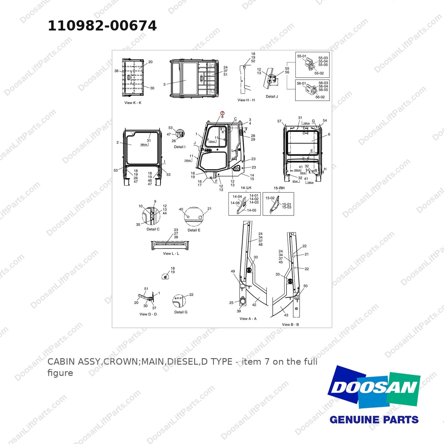 110982-00674 CABIN ASSY,CROWN;MAIN,DIESEL,D TYPE - full parts diagram, item 7 marked - genuine Doosan / Bobcat forklift part