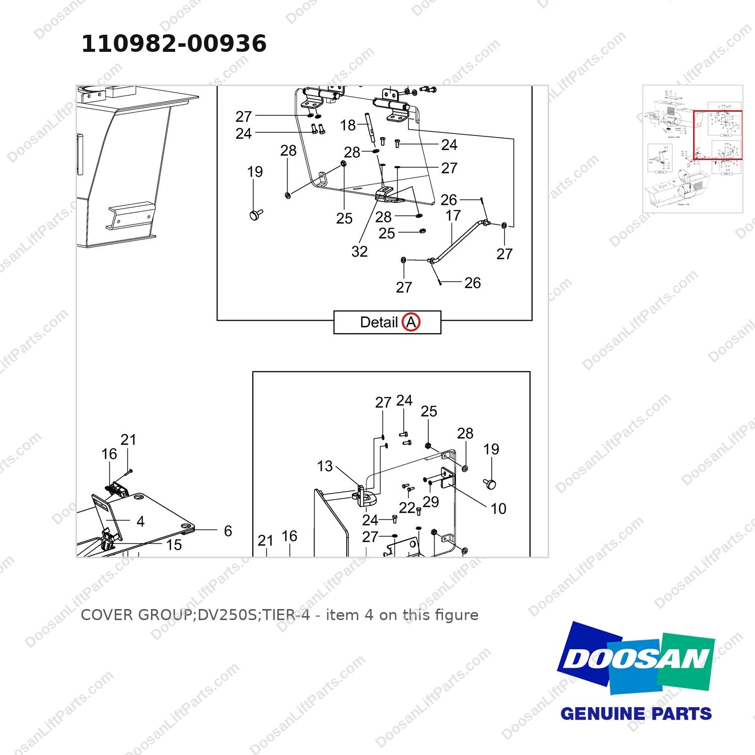 110982-00936 COVER GROUP;DV250S;TIER-4 - parts diagram, item 4 shown - genuine Doosan / Bobcat forklift part