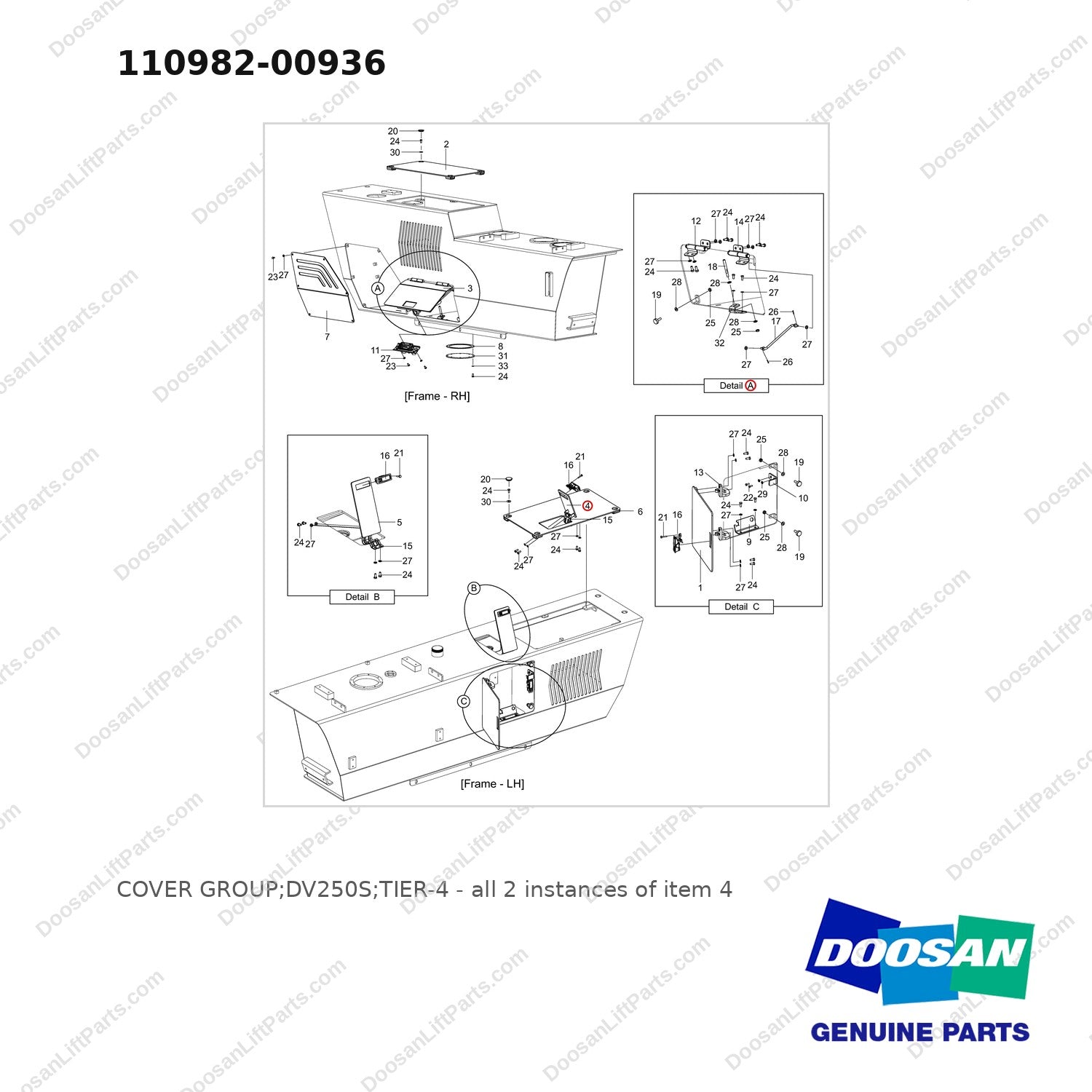 110982-00936 COVER GROUP;DV250S;TIER-4 - full parts diagram, item 4 marked - genuine Doosan / Bobcat forklift part