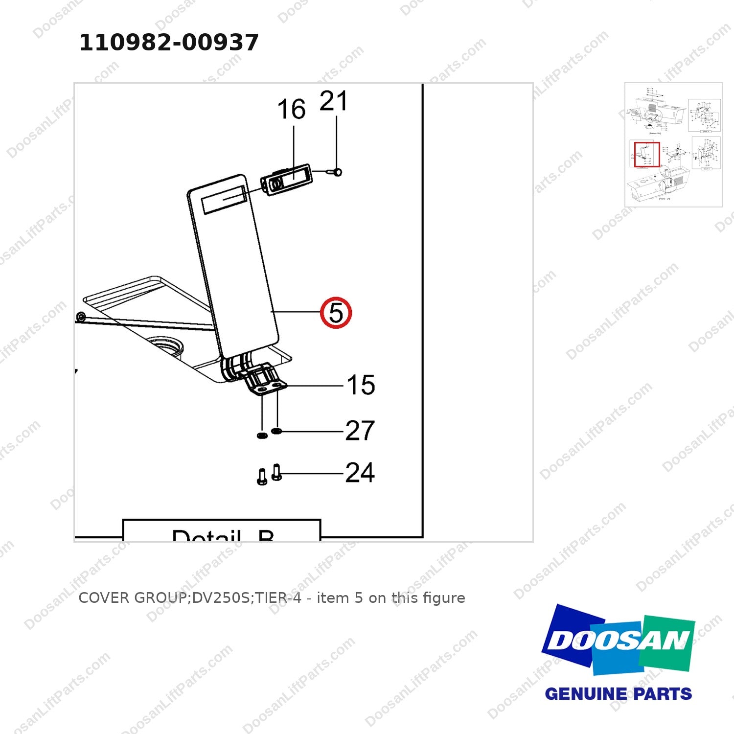 110982-00937 COVER GROUP;DV250S;TIER-4 - parts diagram, item 5 shown - genuine Doosan / Bobcat forklift part
