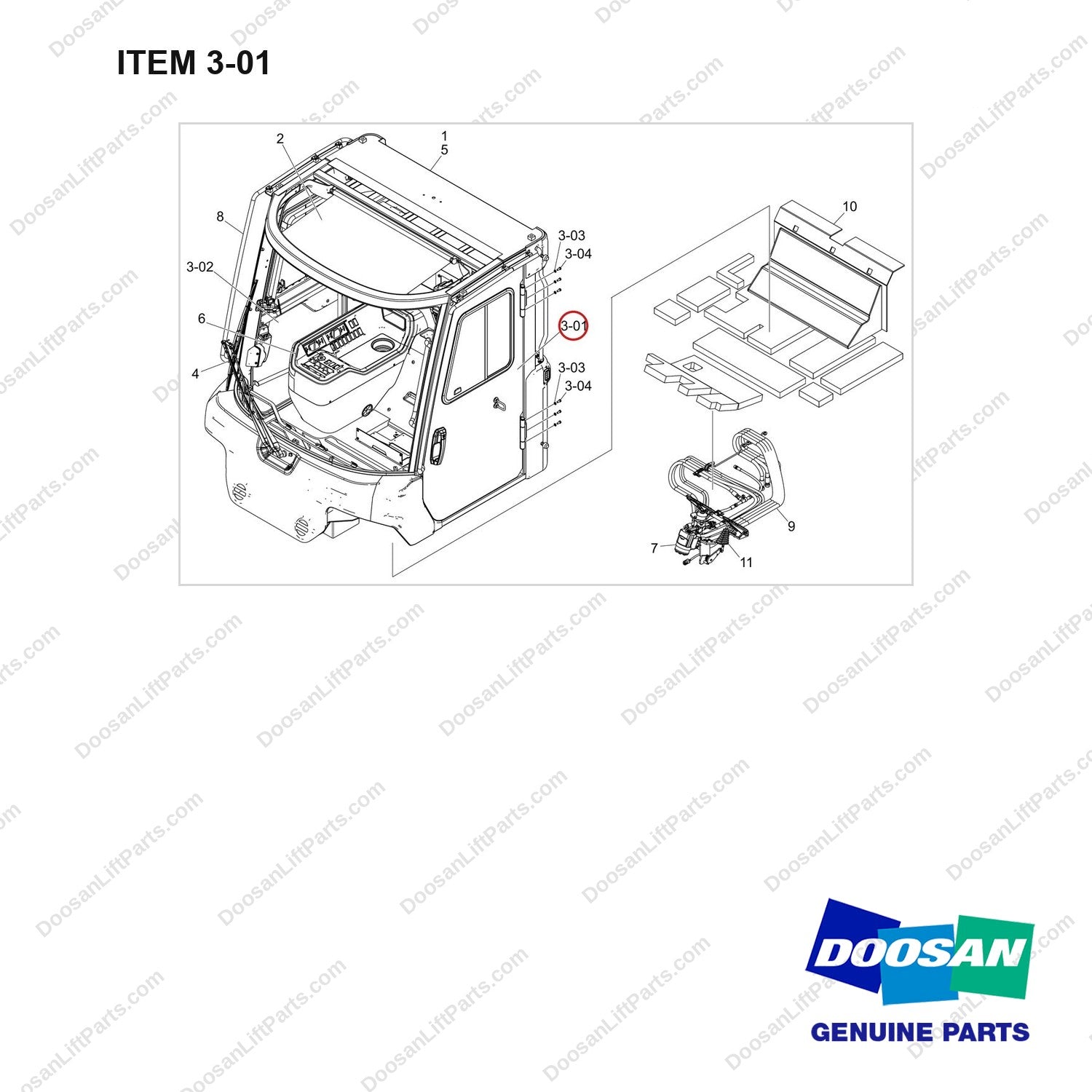 110982-02307 CABIN GROUP;DV180,DL08 STAGE V - full parts diagram, item 3-01 marked - genuine Doosan / Bobcat forklift part