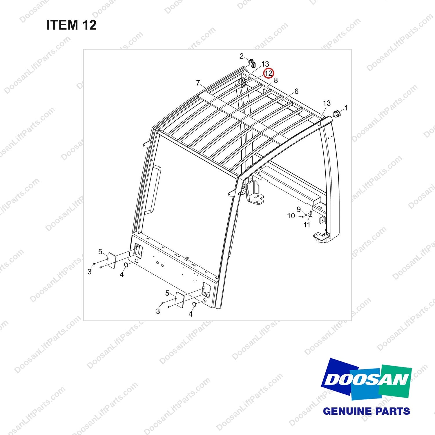 111101-00034 OVERHEAD GUARD;50MM LOW, D25S-9 - full parts diagram, item 12 marked - genuine Doosan / Bobcat forklift part