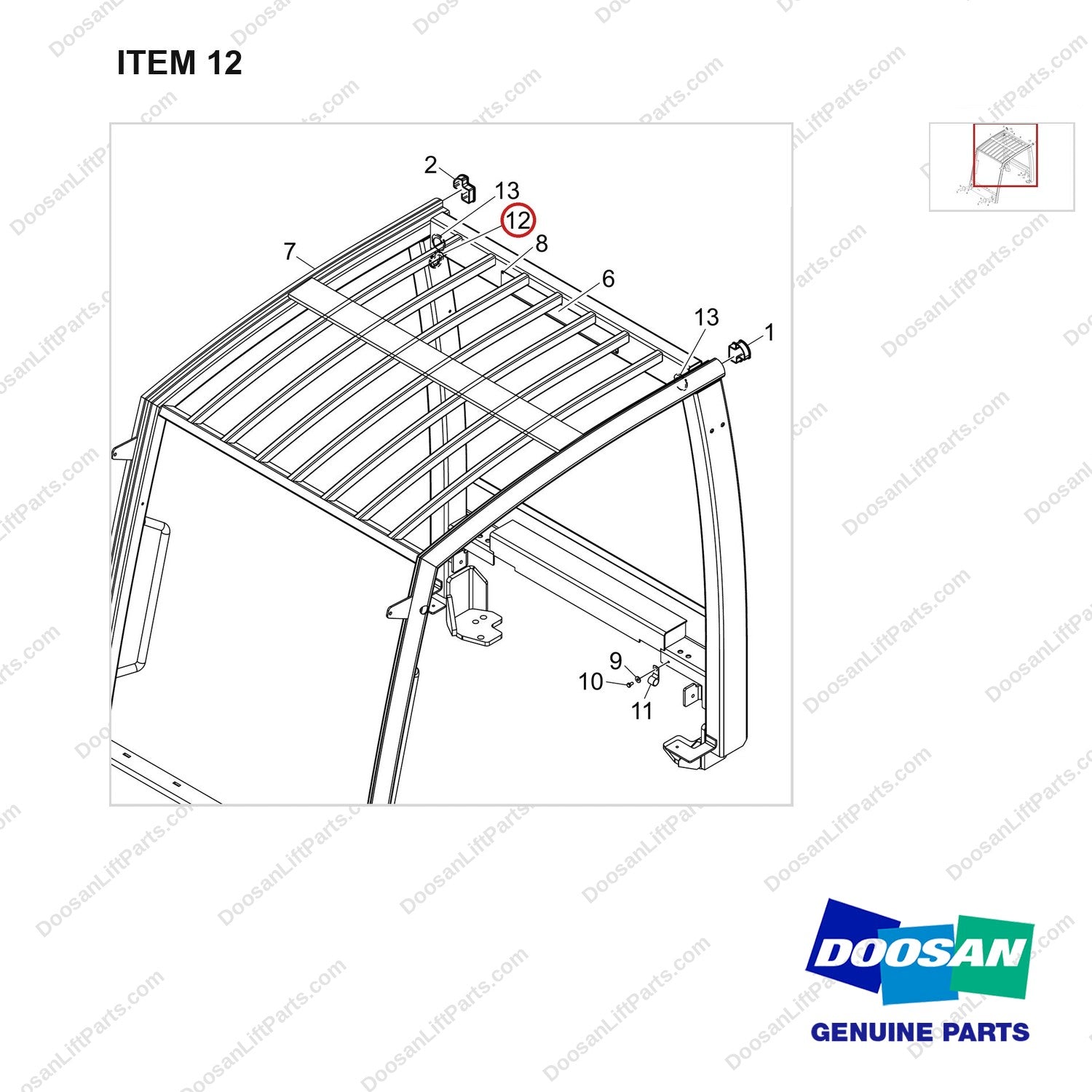 111101-00034 OVERHEAD GUARD;50MM LOW, D25S-9 - parts diagram, item 12 shown - genuine Doosan / Bobcat forklift part