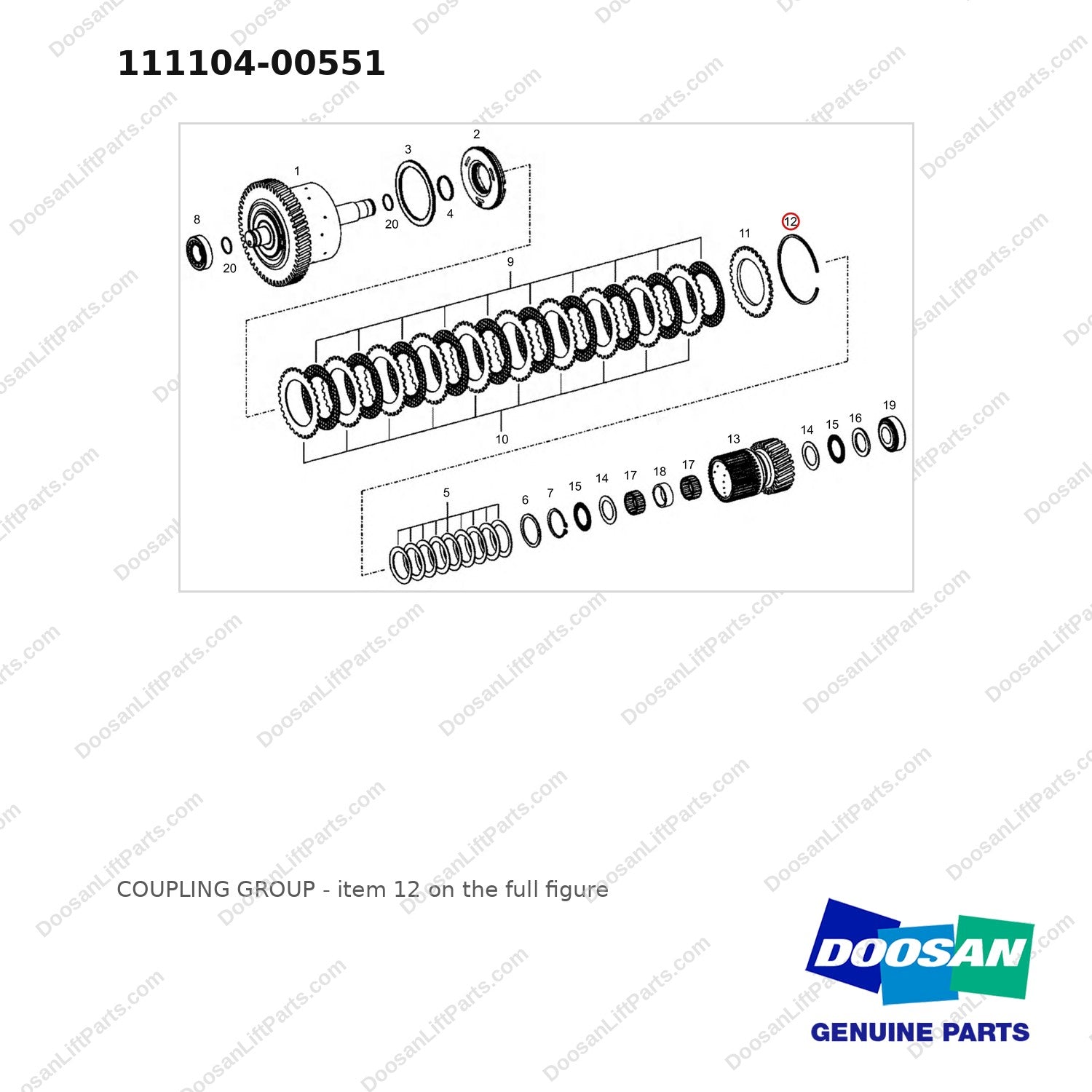 111104-00551 COUPLING GROUP - full parts diagram, item 12 marked - genuine Doosan / Bobcat forklift part
