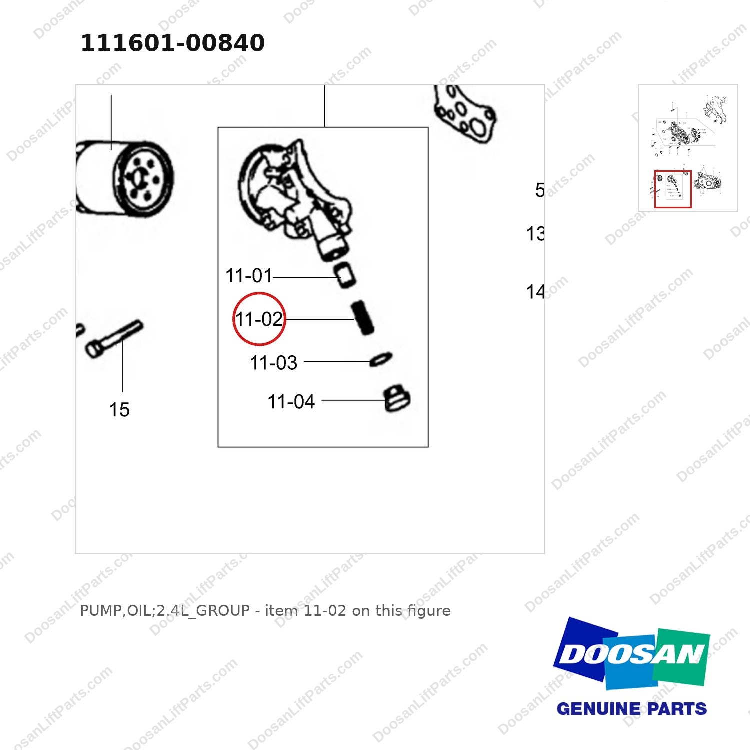 111601-00840 PUMP,OIL;2.4L_GROUP - parts diagram, item 11-02 shown - genuine Doosan / Bobcat forklift part