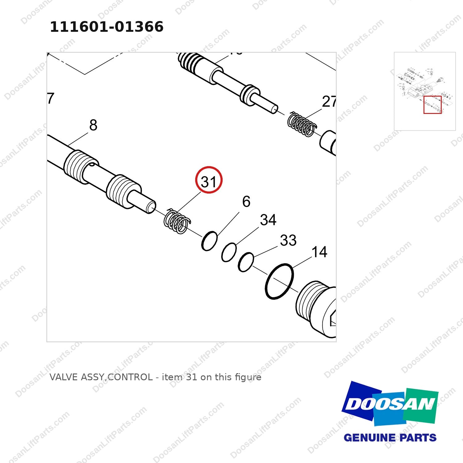 111601-01366 VALVE ASSY,CONTROL - parts diagram, item 31 shown - genuine Doosan / Bobcat forklift part