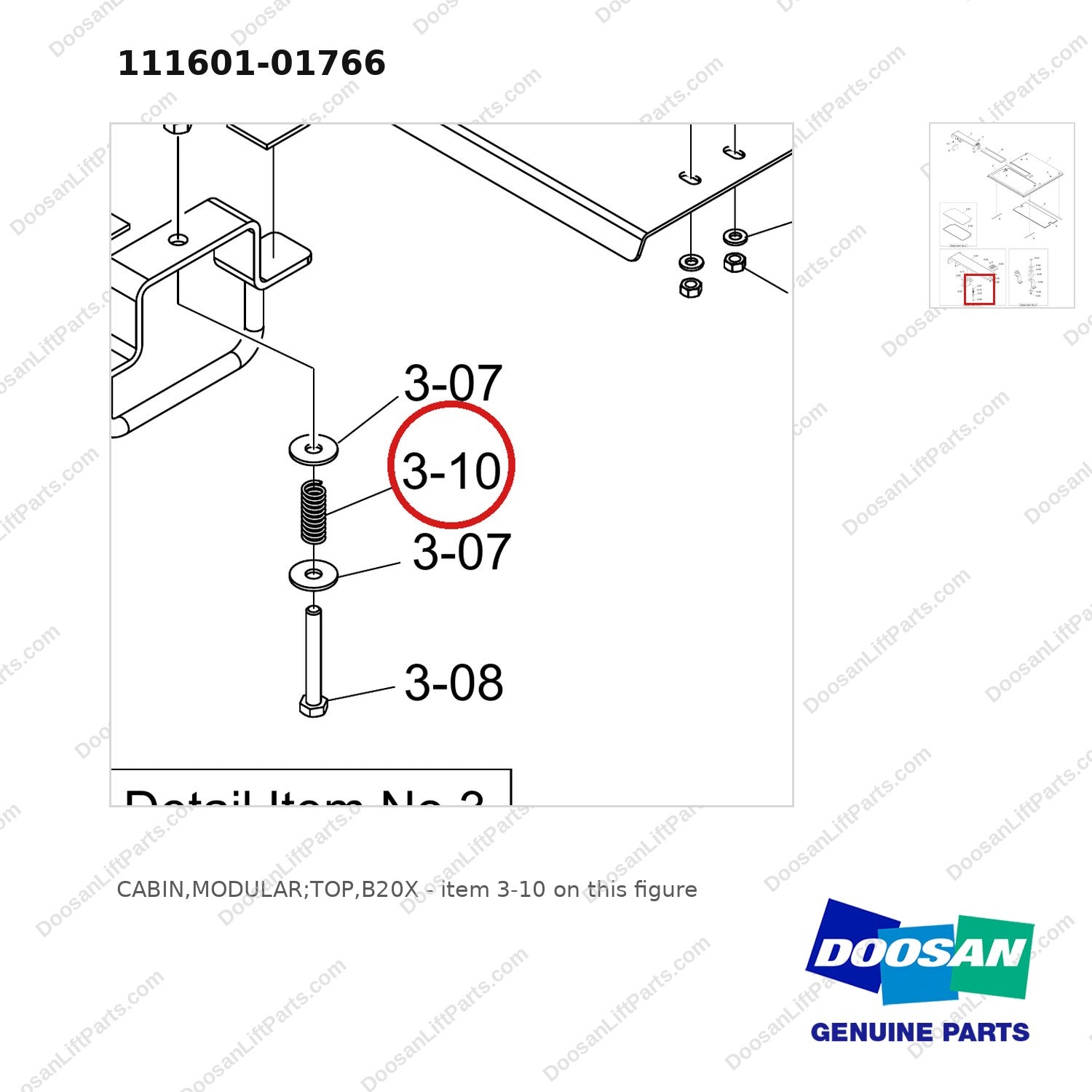 111601-01766 CABIN,MODULAR;TOP,B20X - parts diagram, item 3-10 shown - genuine Doosan / Bobcat forklift part