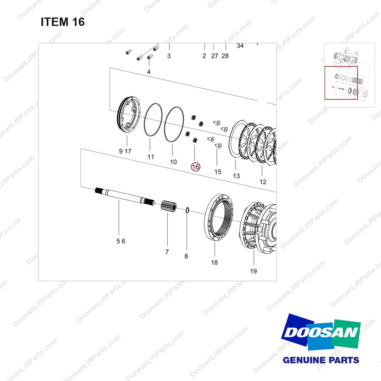 111601-01793 AXLE ASSY,DRIVE;MD40A - parts diagram, item 16 shown - genuine Doosan / Bobcat forklift part