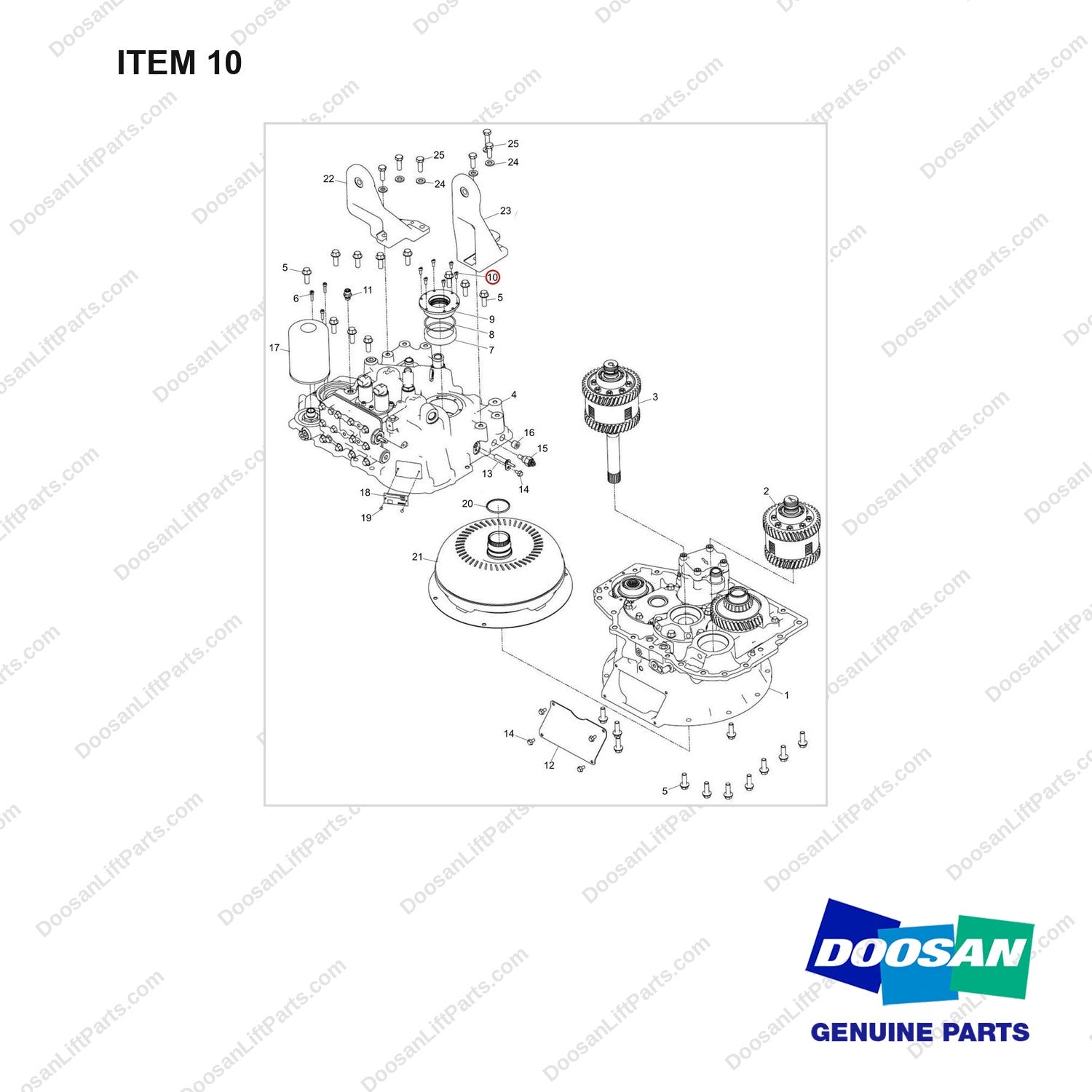 120102-00301 TRANSMISSION ASSY;KT20A,W/O T/C - full parts diagram, item 10 marked - genuine Doosan / Bobcat forklift part