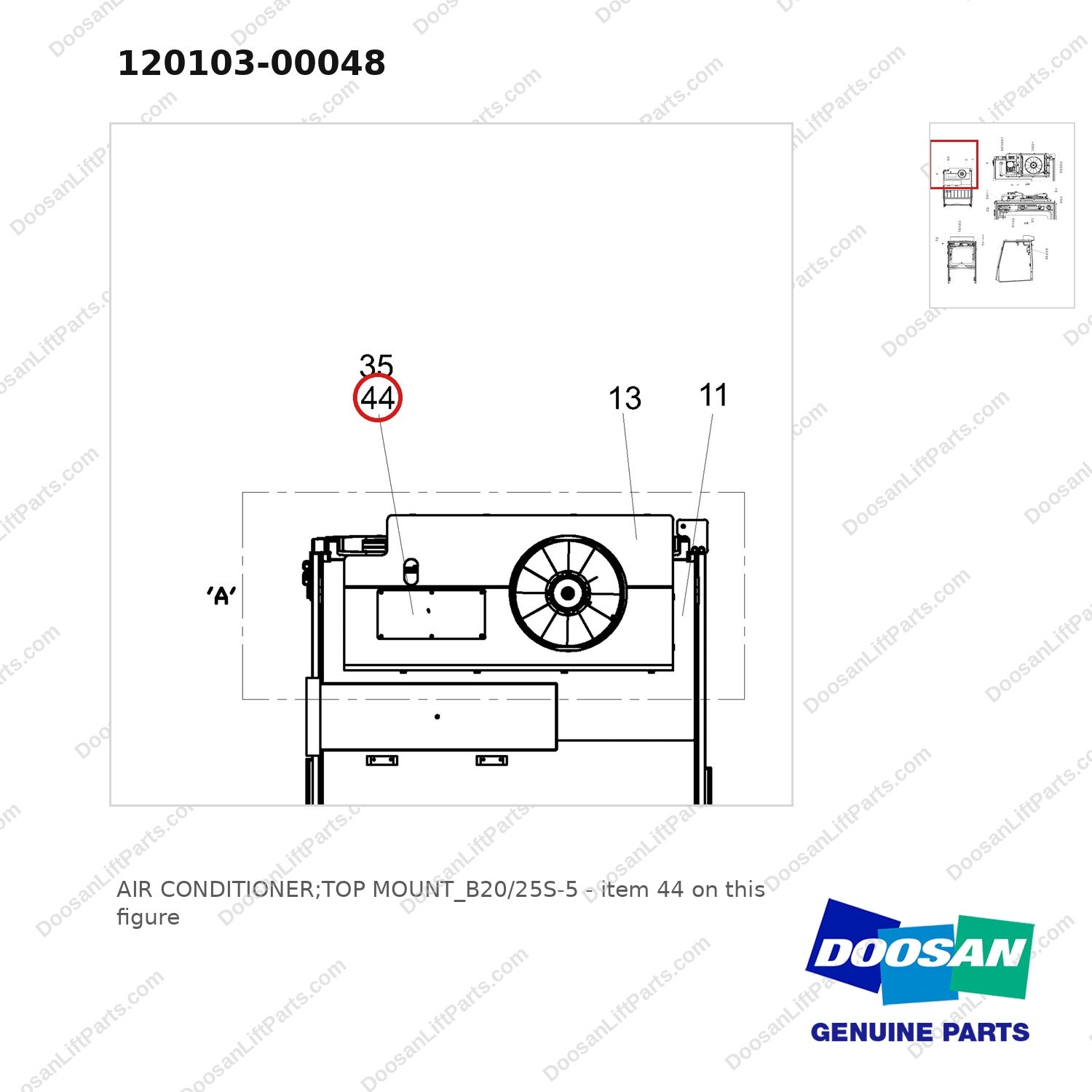120103-00048 AIR CONDITIONER;TOP MOUNT_B20/25S-5 - parts diagram, item 44 shown - genuine Doosan / Bobcat forklift part