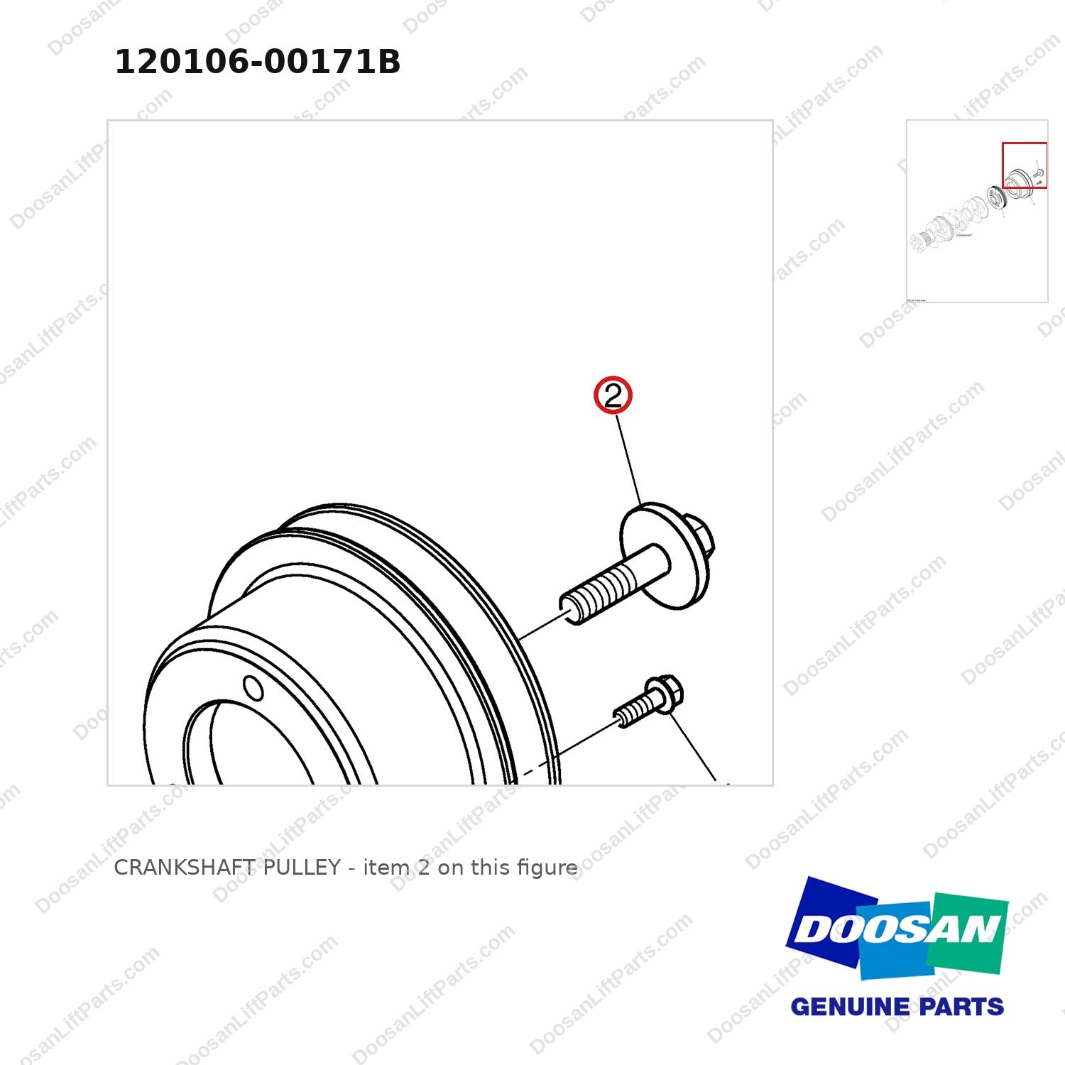 120106-00171B CRANKSHAFT PULLEY - parts diagram, item 2 shown - genuine Doosan / Bobcat forklift part