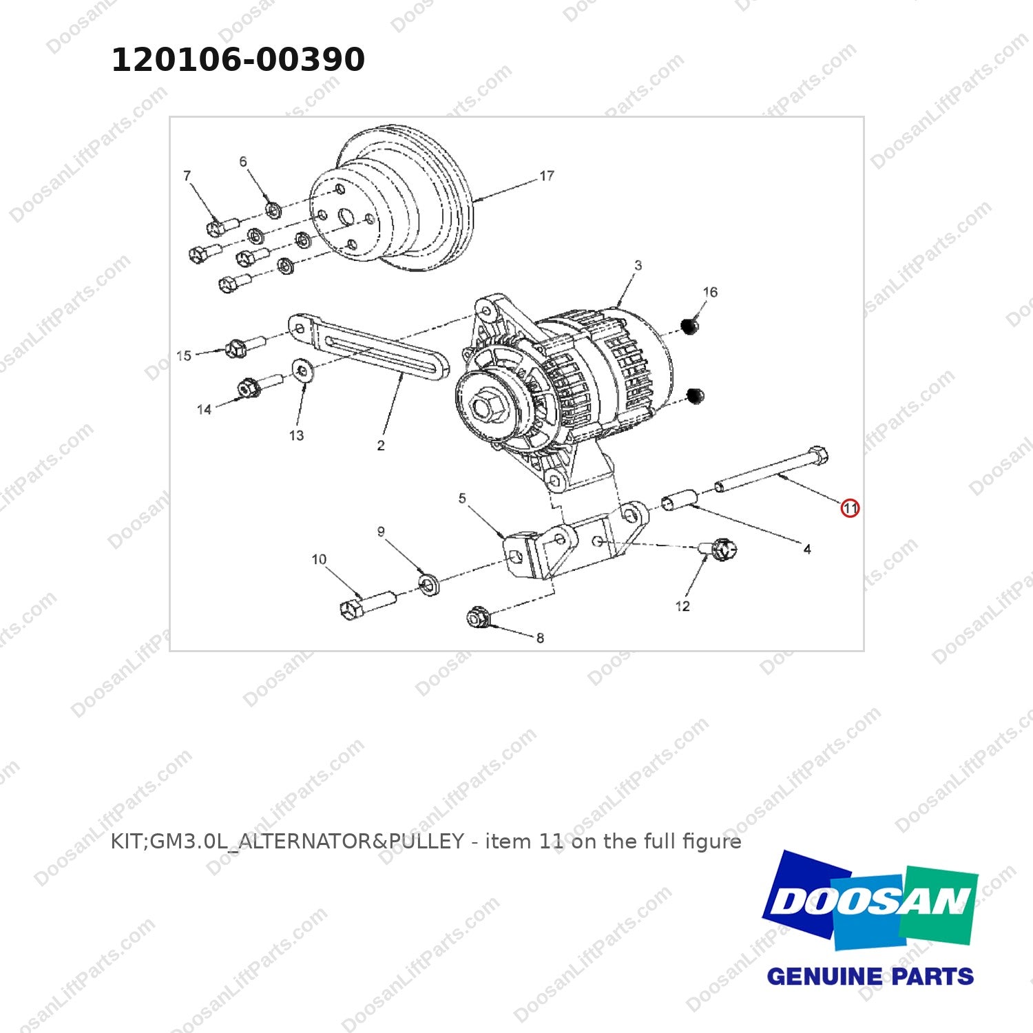 120106-00390 KIT;GM3.0L_ALTERNATOR&PULLEY - full parts diagram, item 11 marked - genuine Doosan / Bobcat forklift part