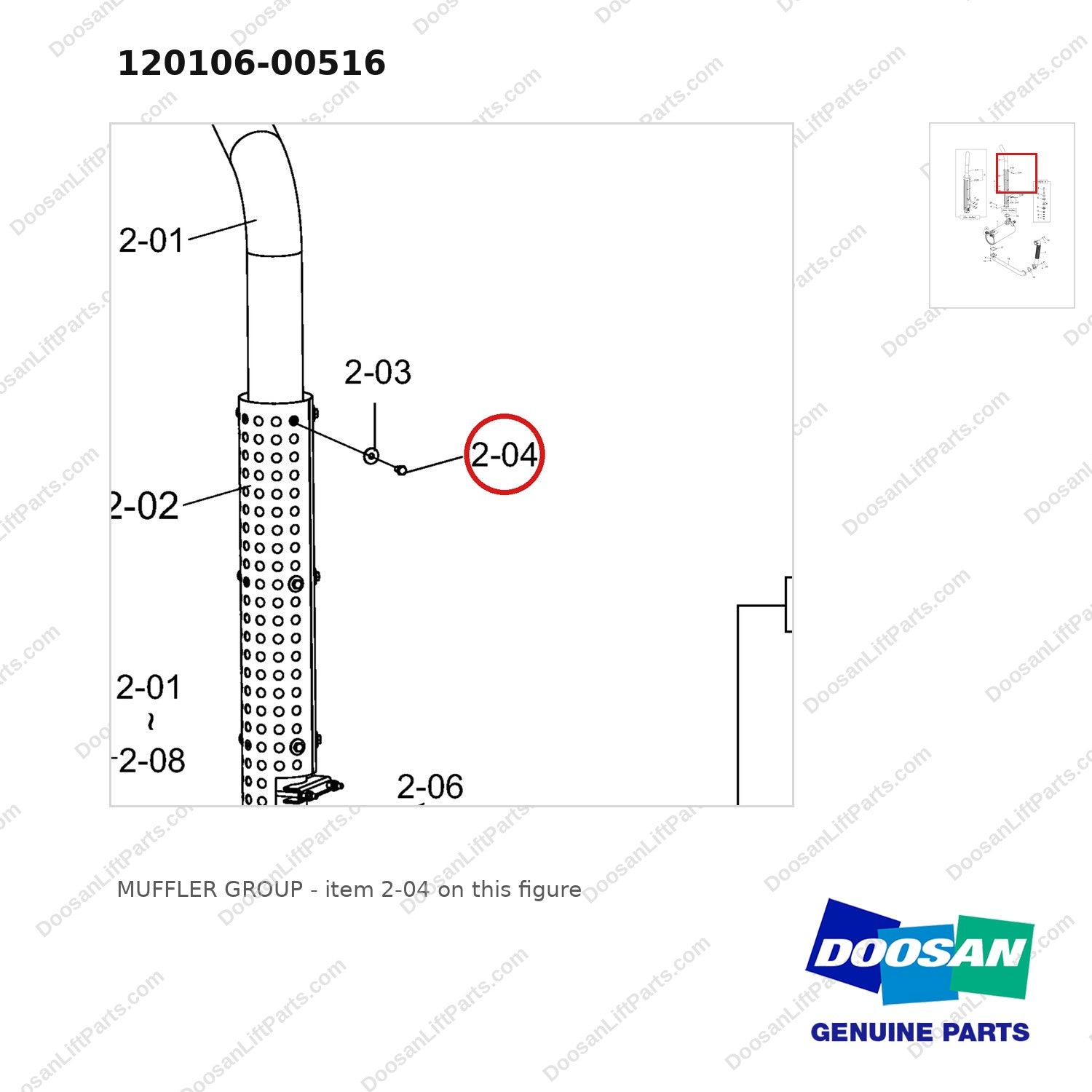 120106-00516 MUFFLER GROUP - parts diagram, item 2-04 shown - genuine Doosan / Bobcat forklift part