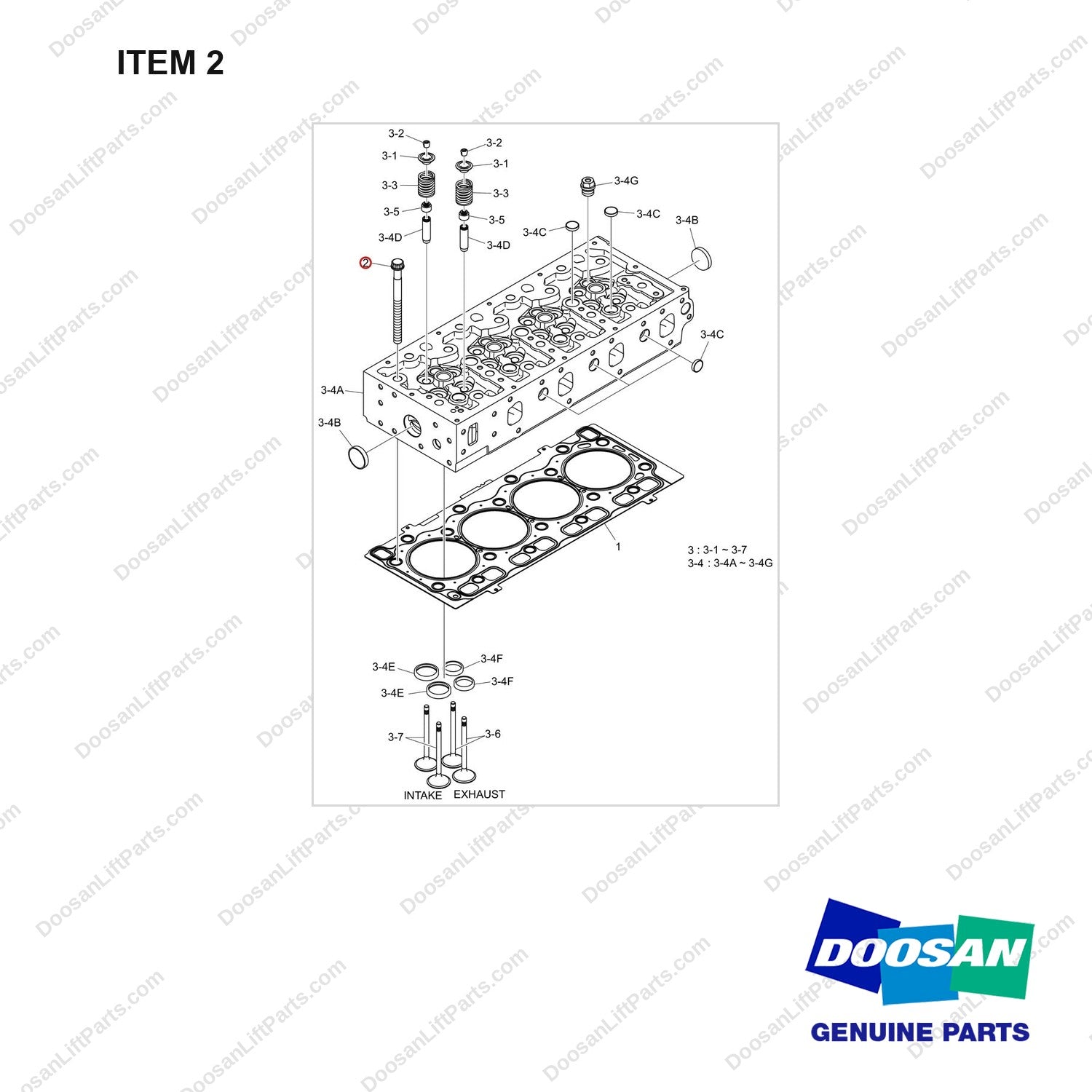 120106-01257 CYLINDER HEAD - full parts diagram, item 2 marked - genuine Doosan / Bobcat forklift part