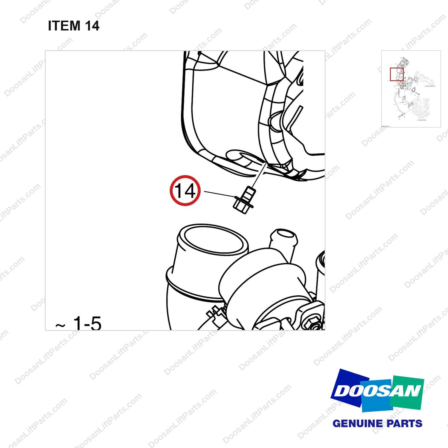 120106-01317 TURBOCHARGER - parts diagram, item 14 shown - genuine Doosan / Bobcat forklift part