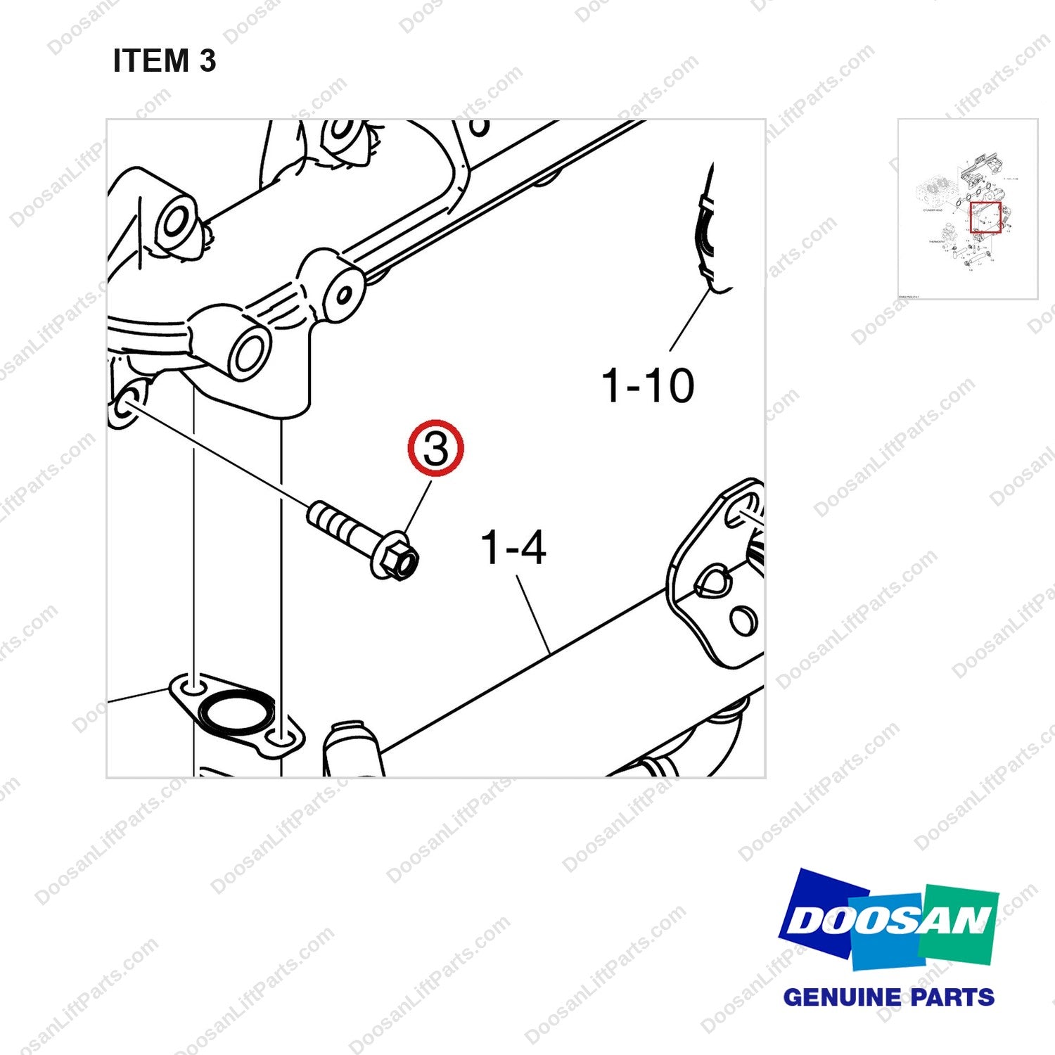 120106-01351 EXHAUST MANIFOLD - parts diagram, item 3 shown - genuine Doosan / Bobcat forklift part