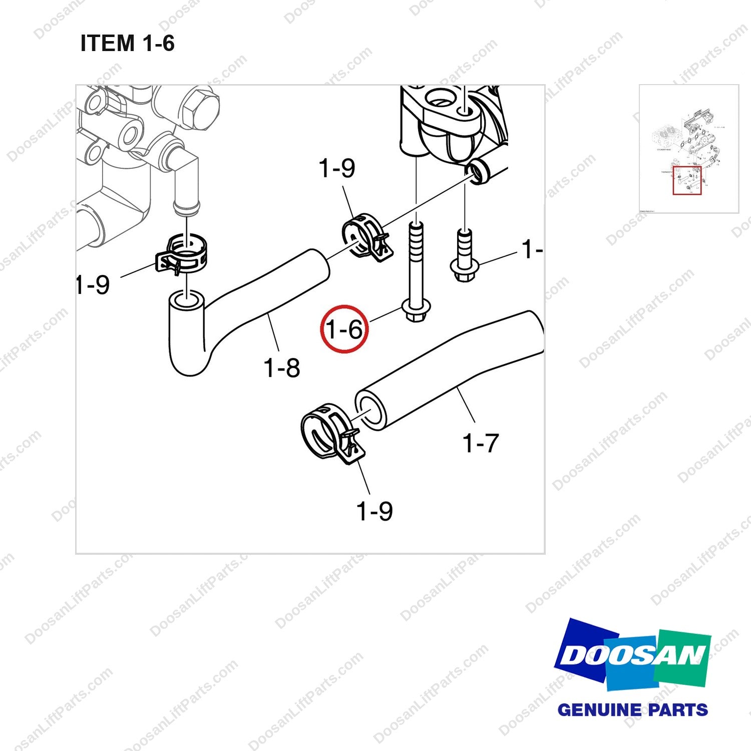 120106-01352 EXHAUST MANIFOLD - parts diagram, item 1-6 shown - genuine Doosan / Bobcat forklift part