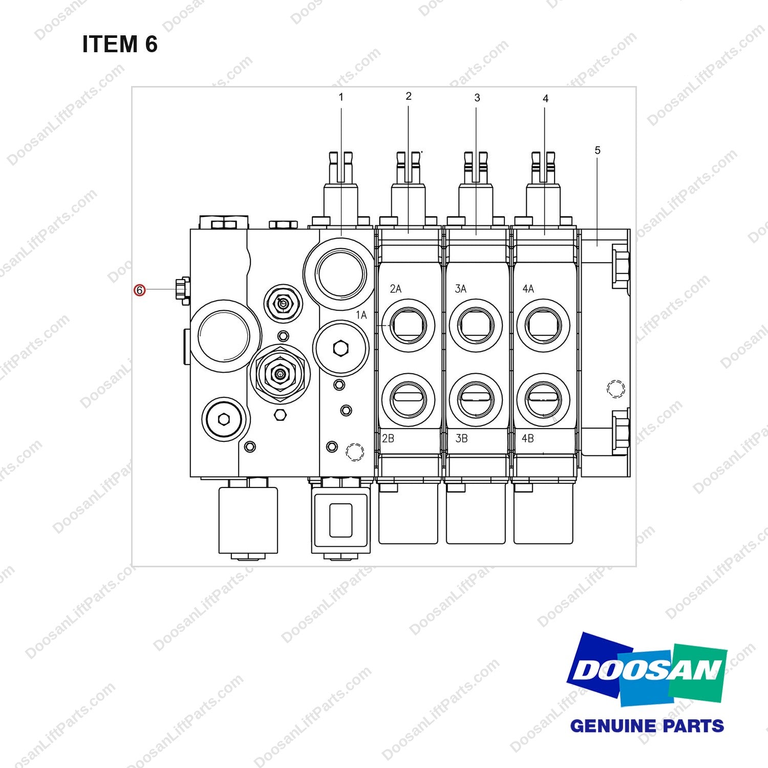 120106-01373 VALVE,MAIN CONTROL;4SEC - full parts diagram, item 6 marked - genuine Doosan / Bobcat forklift part