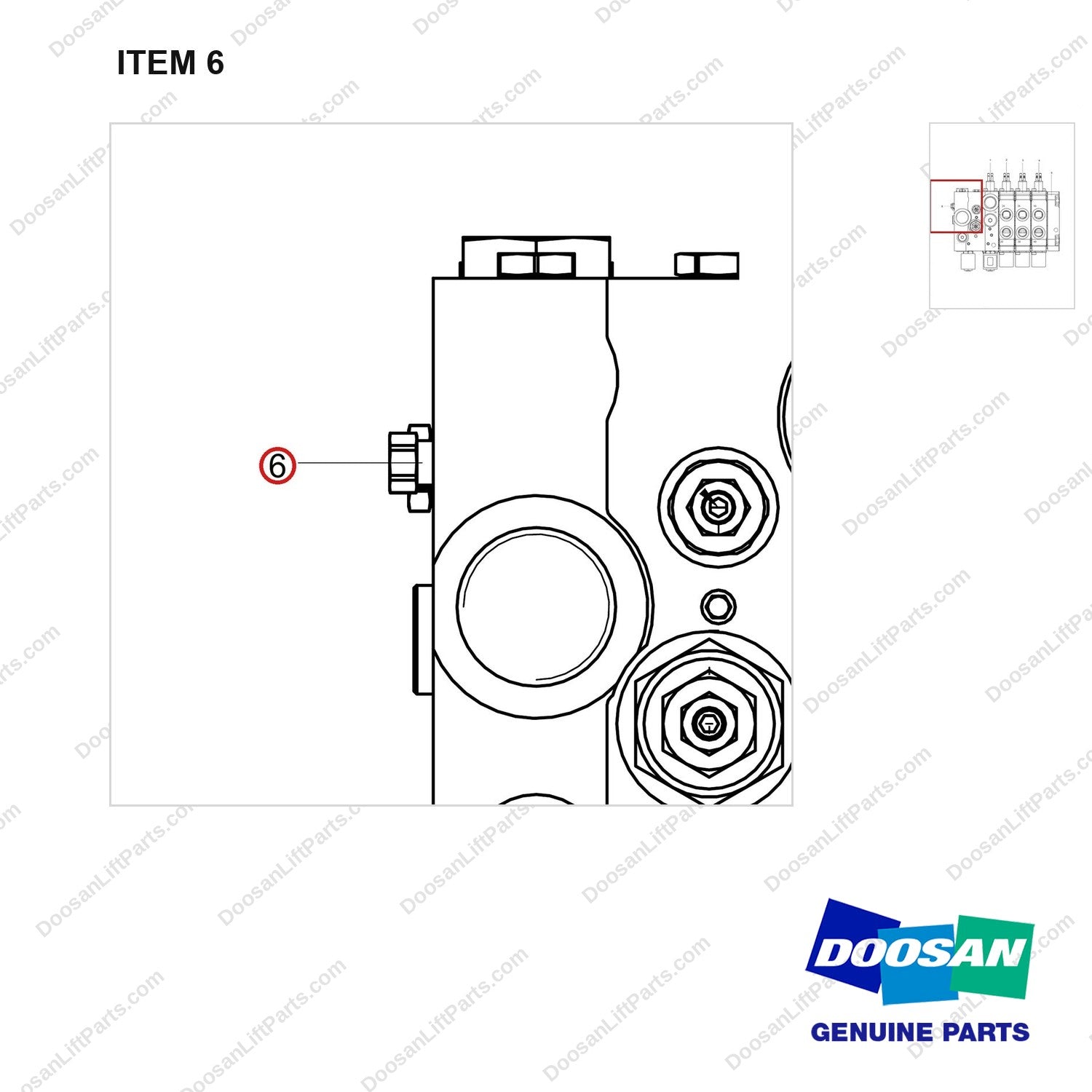 120106-01373 VALVE,MAIN CONTROL;4SEC - parts diagram, item 6 shown - genuine Doosan / Bobcat forklift part