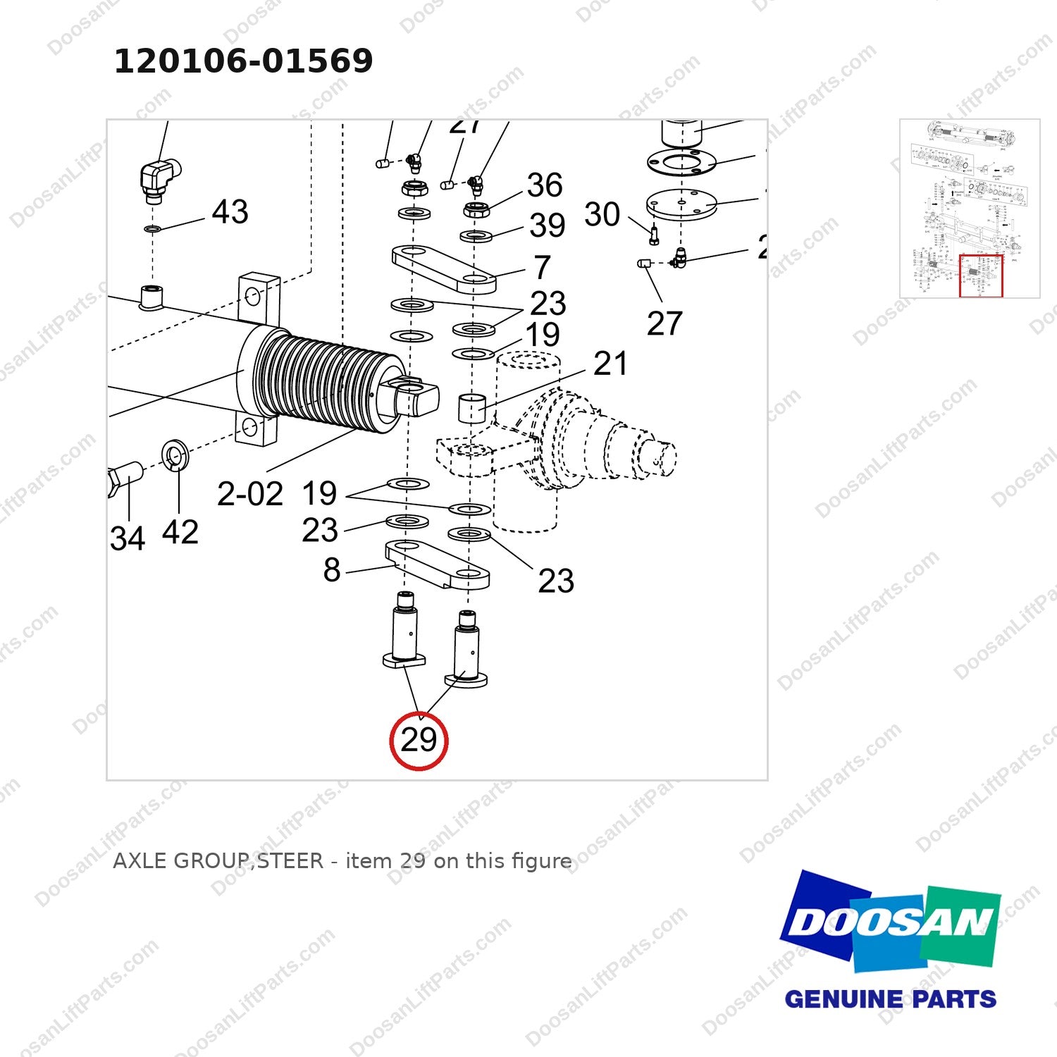 120106-01569 AXLE GROUP,STEER - parts diagram, item 29 shown - genuine Doosan / Bobcat forklift part