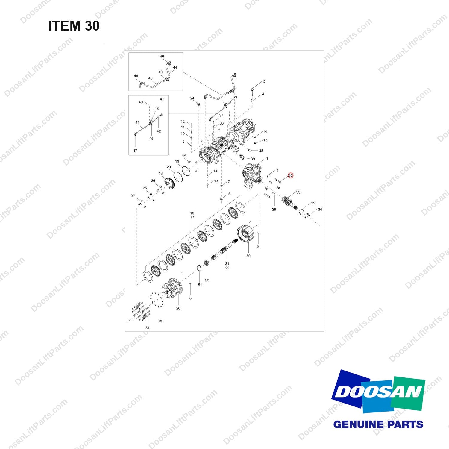 120106-01608 AXLE,DRIVE;DD20B - full parts diagram, item 30 marked - genuine Doosan / Bobcat forklift part