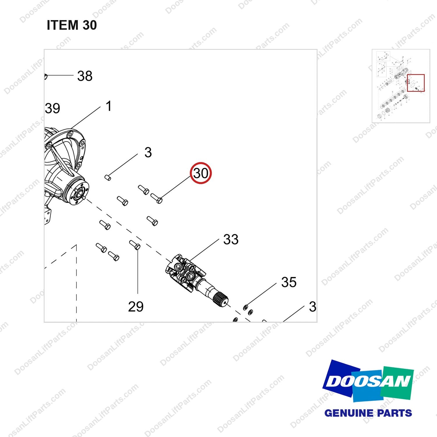 120106-01608 AXLE,DRIVE;DD20B - parts diagram, item 30 shown - genuine Doosan / Bobcat forklift part