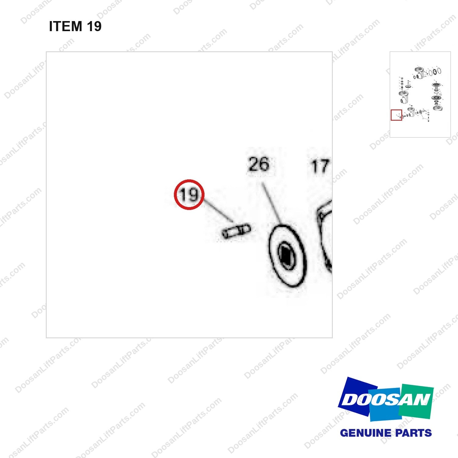 120106-01665 TRANSFER ASSY - parts diagram, item 19 shown - genuine Doosan / Bobcat forklift part