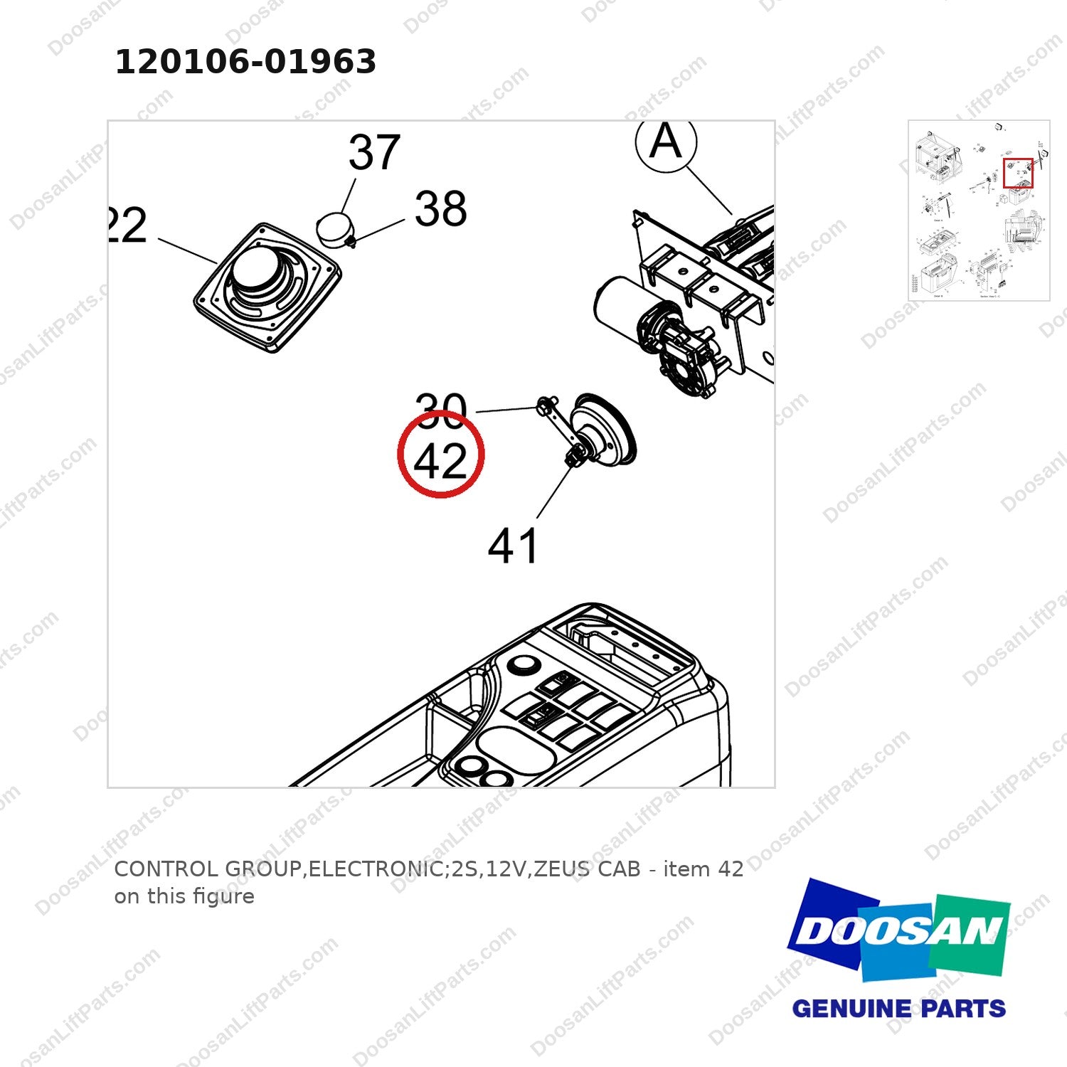 120106-01963 CONTROL GROUP,ELECTRONIC;2S,12V,ZEUS CAB - parts diagram, item 42 shown - genuine Doosan / Bobcat forklift part