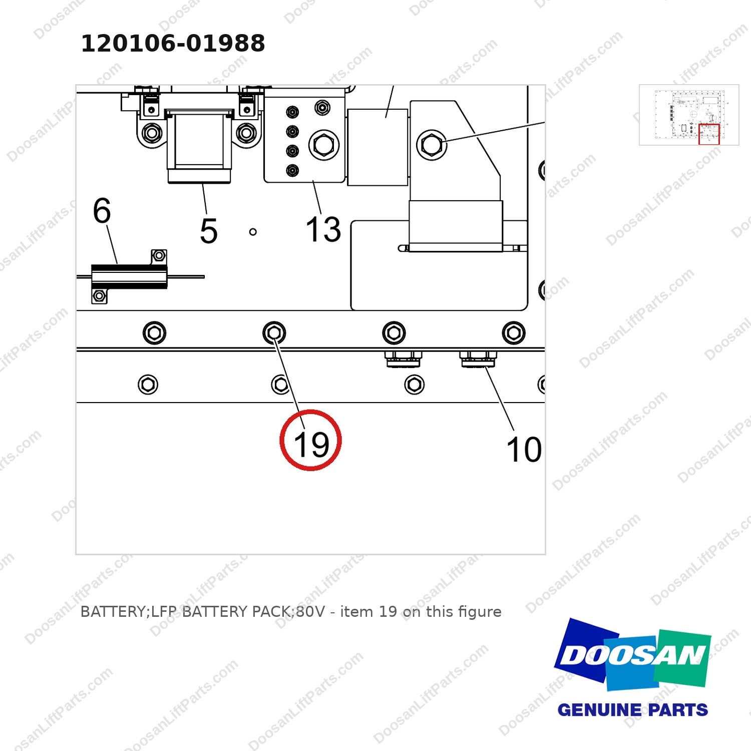 120106-01988 BATTERY;LFP BATTERY PACK;80V - parts diagram, item 19 shown - genuine Doosan / Bobcat forklift part