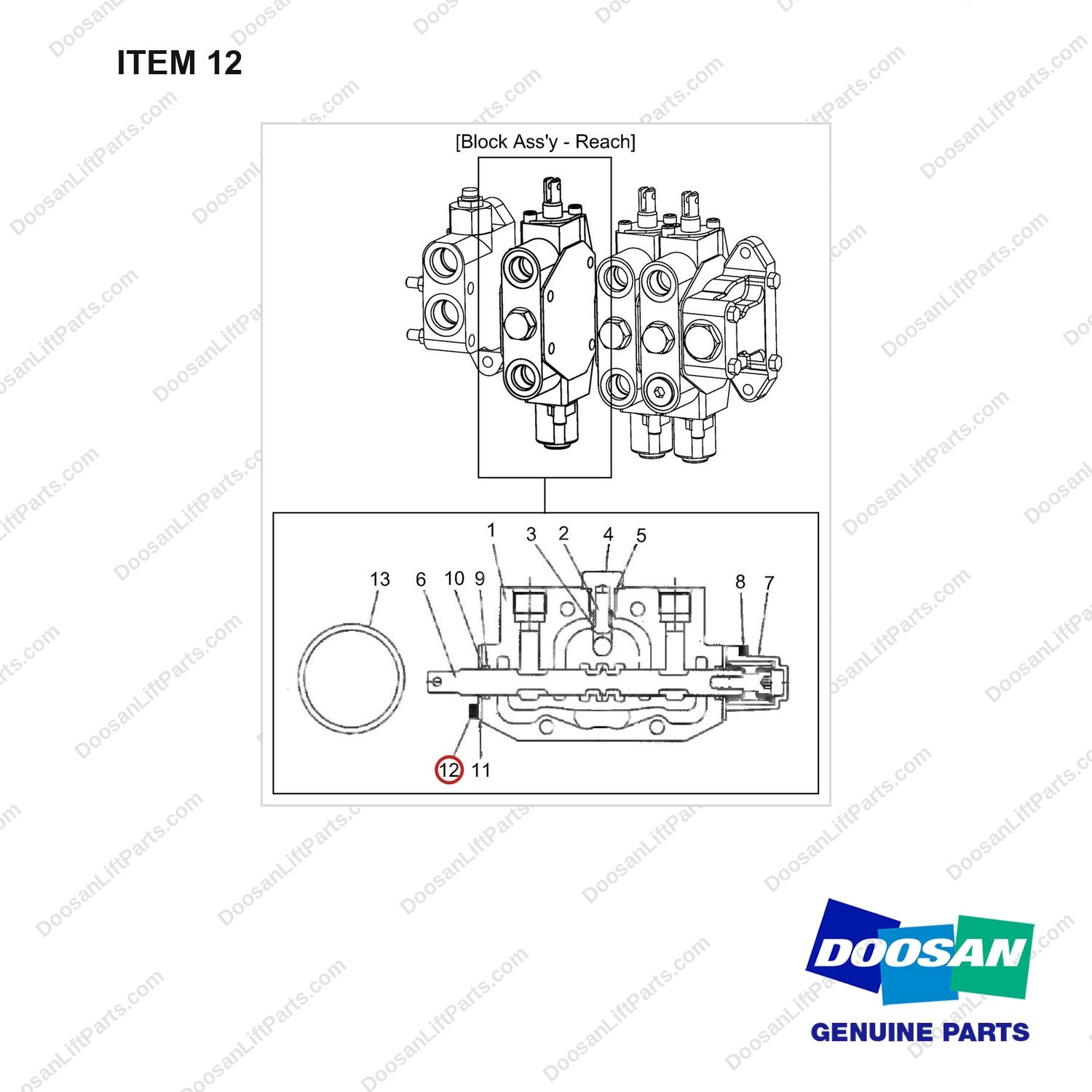 120107-00044 Valve-Section(Reach) - full parts diagram, item 12 marked - genuine Doosan / Bobcat forklift part