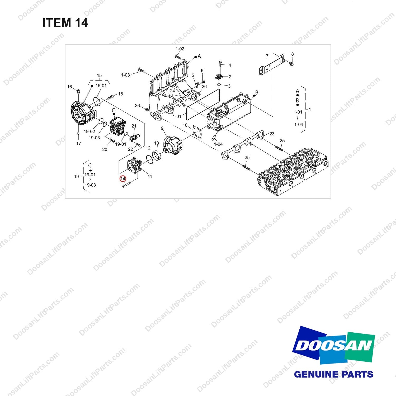 120107-00603 INLET MANIFOLD GP - full parts diagram, item 14 marked - genuine Doosan / Bobcat forklift part