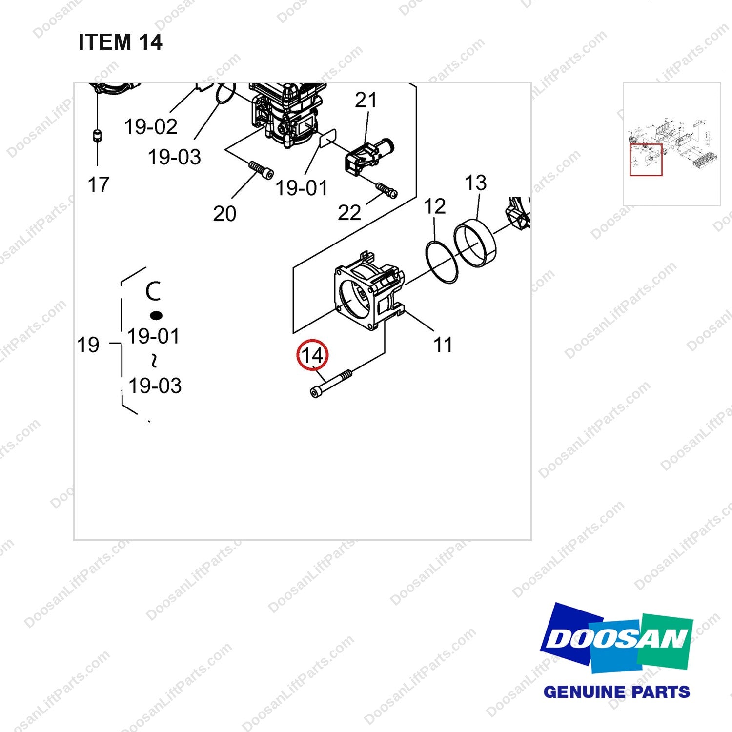 120107-00603 INLET MANIFOLD GP - parts diagram, item 14 shown - genuine Doosan / Bobcat forklift part