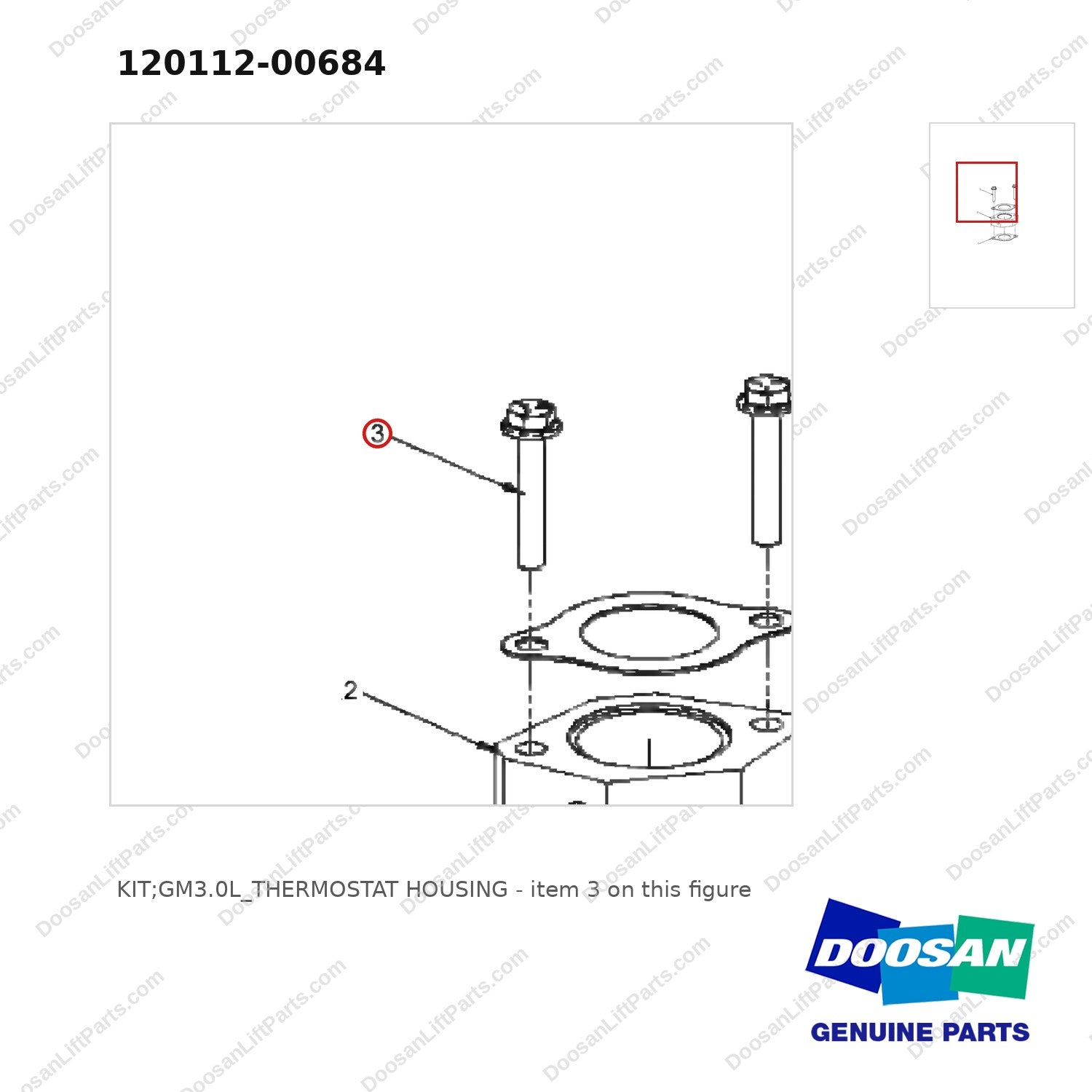 120112-00684 KIT;GM3.0L_THERMOSTAT HOUSING - parts diagram, item 3 shown - genuine Doosan / Bobcat forklift part