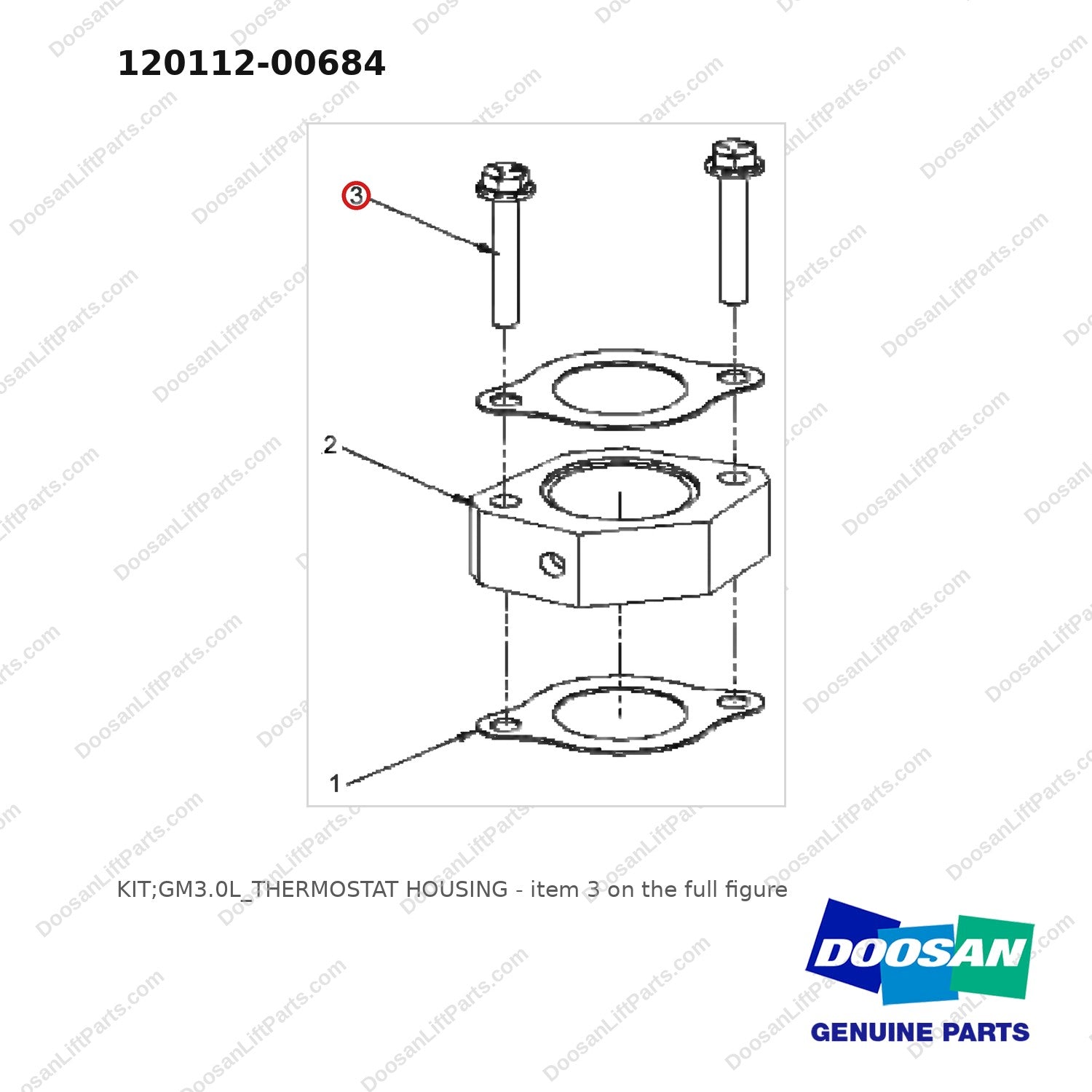 120112-00684 KIT;GM3.0L_THERMOSTAT HOUSING - full parts diagram, item 3 marked - genuine Doosan / Bobcat forklift part