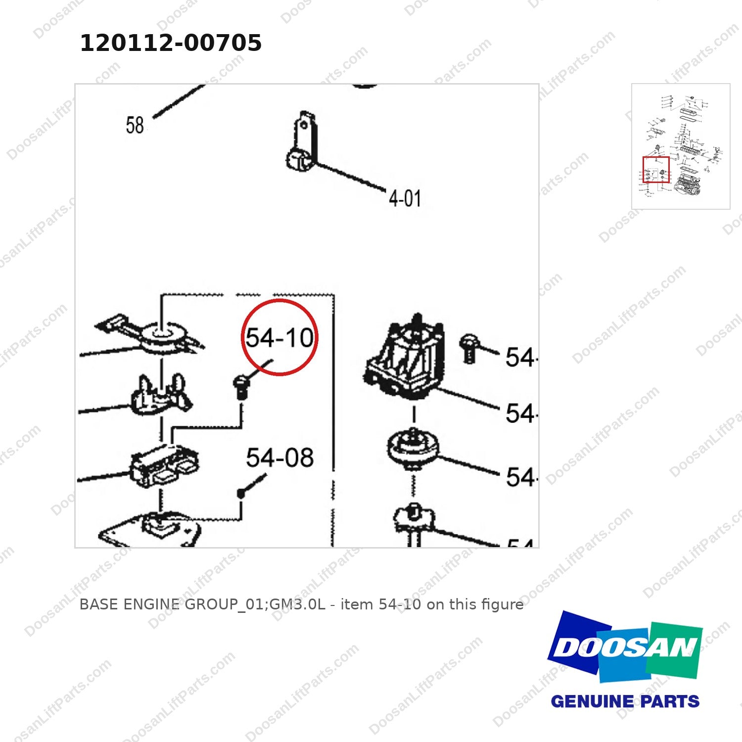 120112-00705 BASE ENGINE GROUP_01;GM3.0L - parts diagram, item 54-10 shown - genuine Doosan / Bobcat forklift part