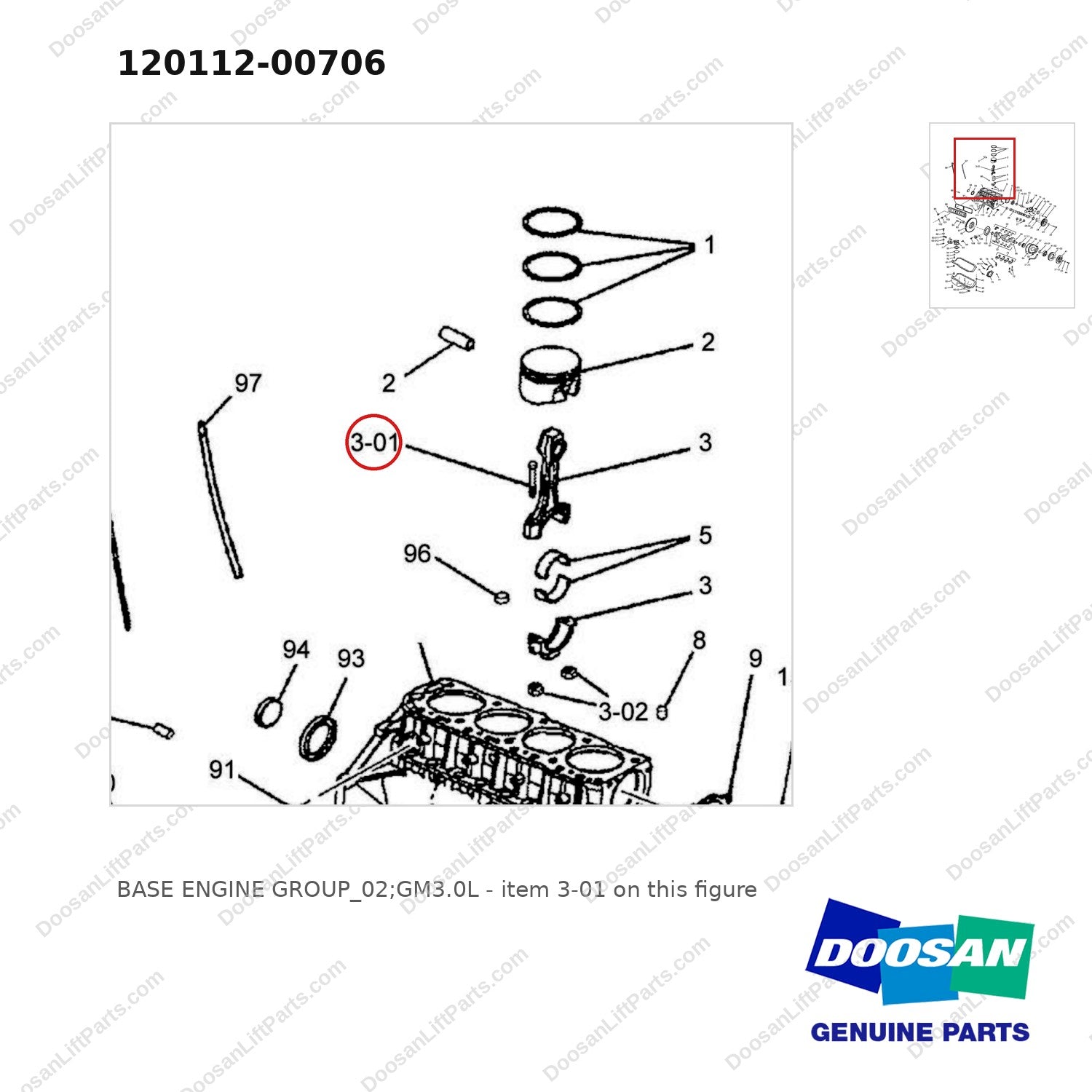 120112-00706 BASE ENGINE GROUP_02;GM3.0L - parts diagram, item 3-01 shown - genuine Doosan / Bobcat forklift part