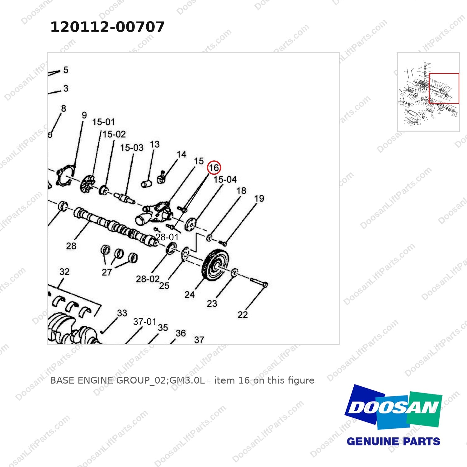 120112-00707 BASE ENGINE GROUP_02;GM3.0L - parts diagram, item 16 shown - genuine Doosan / Bobcat forklift part